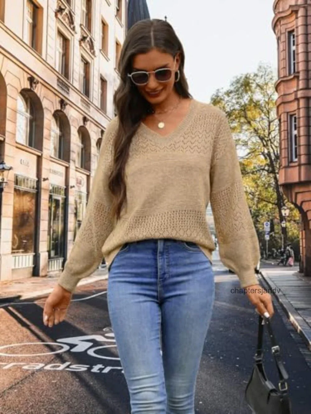Womens Cable Knit V Neck Long Sleeve Pullover Sweater Oversized